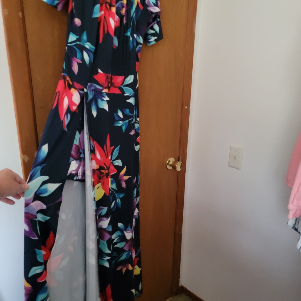 Vibrant Floral Maxi Dress With Slit Front Panels Showing Shorts Beneath - Picture 3 of 10